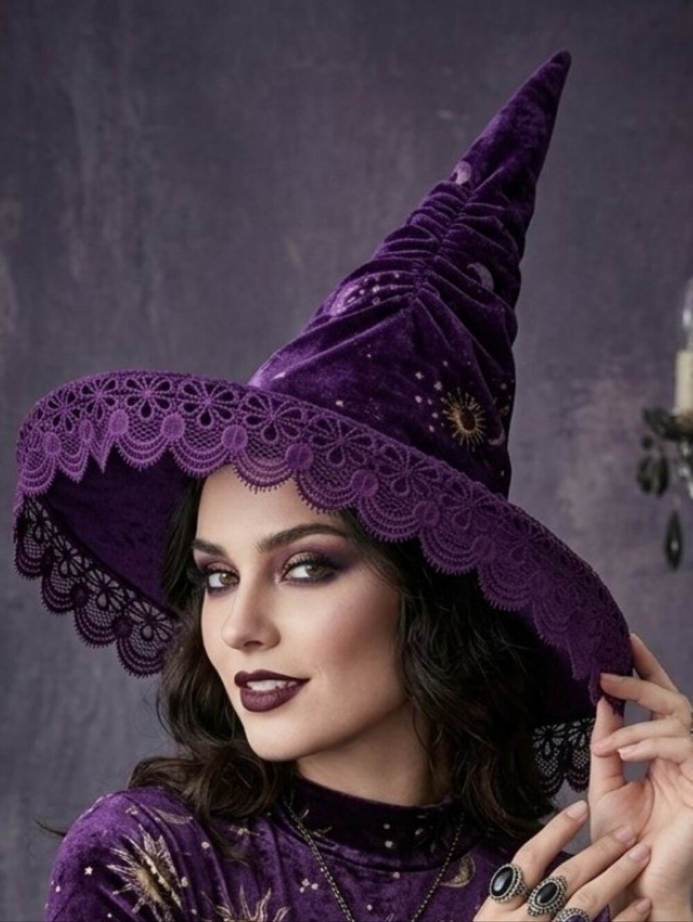 Spirit Purple Velvet Witch Hat with Lace Brim